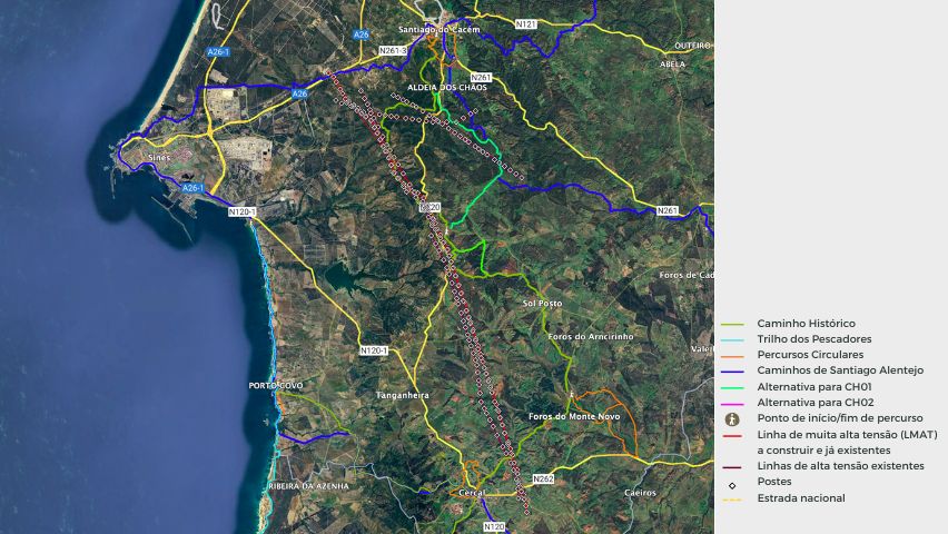 Mapas dos Trilhos Pedestres da RV, dos Caminhos de Santiago do Alentejo e das LMAT existentes e a serem construídas