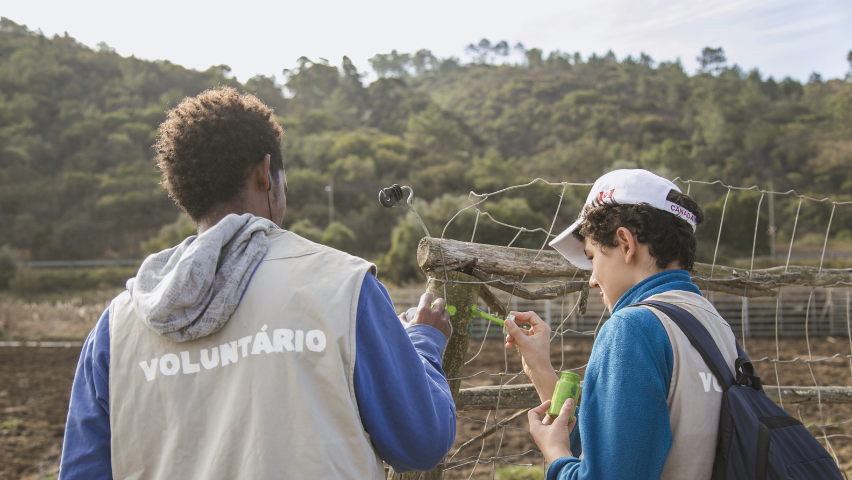 Dois voluntários a pintar uma marca num poste
