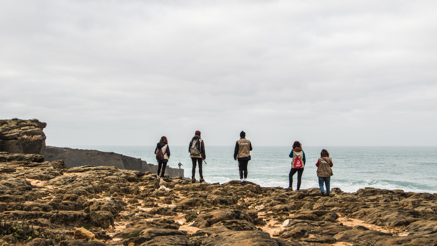 Cinco voluntários de costas a olhar o mar ao longe